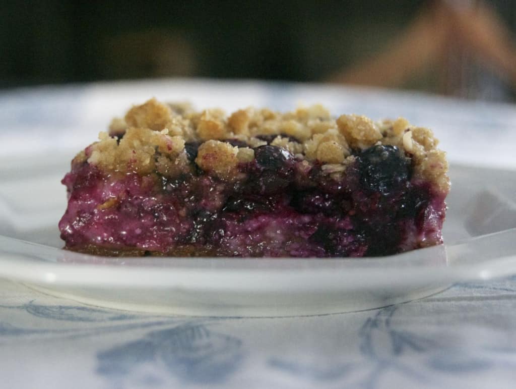 Blueberry Lemon Cheesecake Bars - lemony cheesecake bars covered in blueberries and a lemon streusel topping.