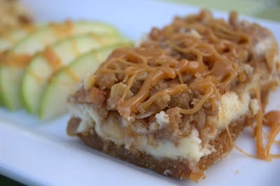 Caramel Apple Cheesecake Bars - cheesecake bars covered with a cinnamon-spiced apple layer, a streusel topping and drizzled with sweet caramel. The PERFECT Fall dessert!