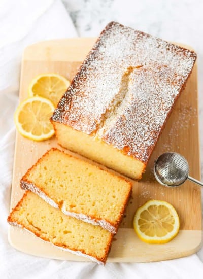 Overhead view of a pound cake made with lemons.