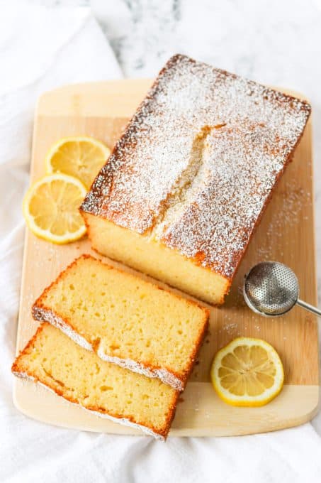 Overhead view of a pound cake made with lemons.