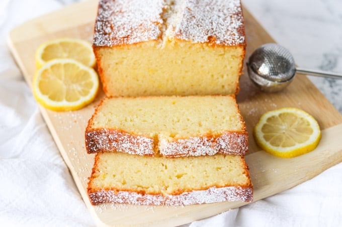 Slices of a pound cake made with lemons.