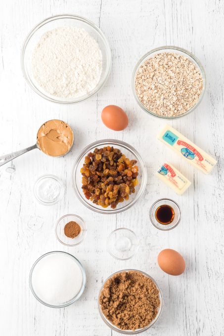 Ingredients for Peanut Butter Oatmeal Cookies.