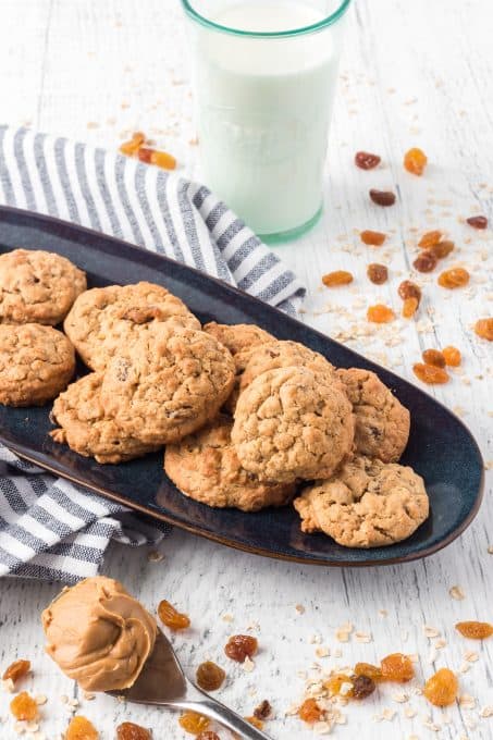 Cookies made with oats, peanut butter and raisins.