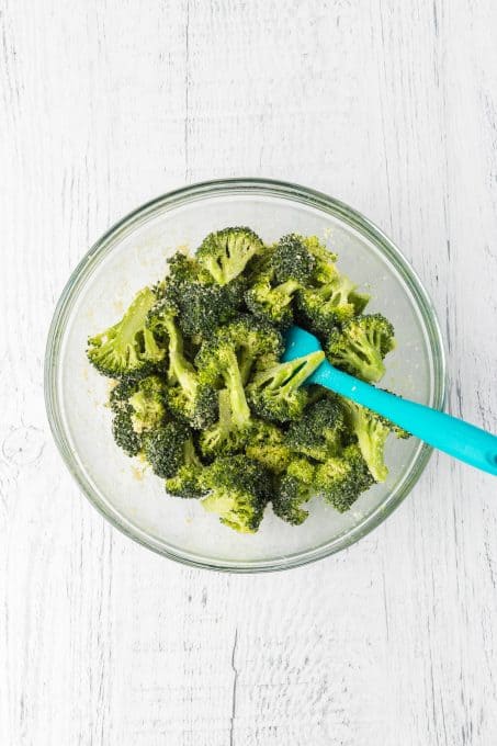Garlic powder, Parmesan cheese, salt, and olive oil tossed with broccoli.