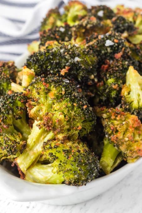 Broccoli that has been roasted with Parmesan cheese, olive oil and garlic powder.