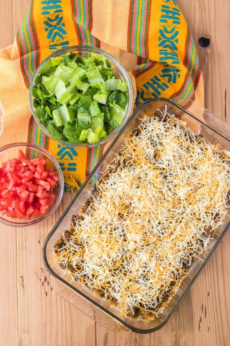 An easy taco meat casserole ready for the oven.