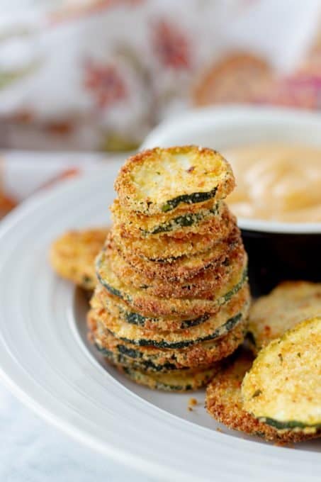 A stack of chips made from fresh zucchini.