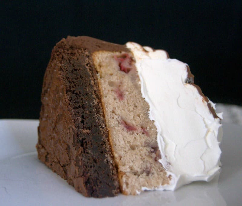 Neapolitan Hi-Hat Cake - a brownie, a strawberry cake, and Cool Whip. Delicious! From Surprise-Inside Cakes Cookbook