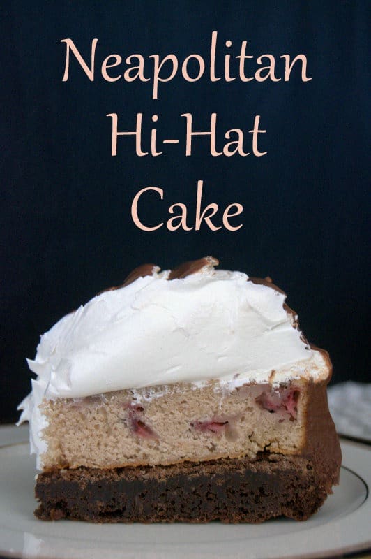 Neapolitan Hi-Hat Cake - a brownie, a strawberry cake, and Cool Whip. Delicious! From Surprise-Inside Cakes Cookbook