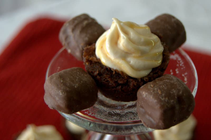 TWIX® Bites Brownies with Chocolate Caramel Buttercream Frosting - bite-sized brownies, each with a TWIX® Bite in the middle and covered with a Chocolate Caramel Buttercream Frosting. 