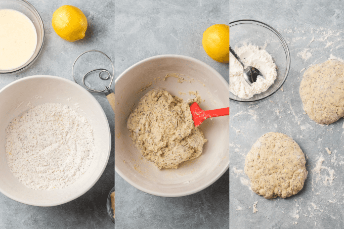 Process steps for scones with lemon and poppy seeds.