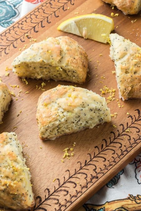 Lemon Scones with poppy seeds and a glaze.