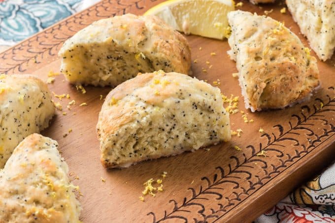 Poppy Seeds scones with lemon juice and a lemon glaze.