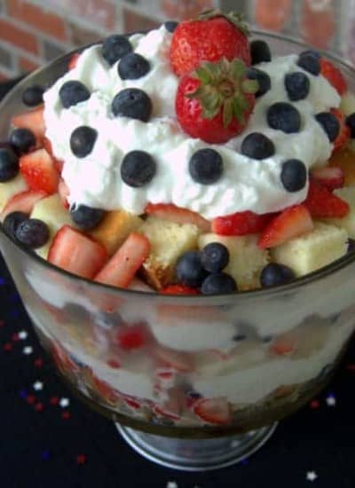 Red, White & Blue Berry Delight - strawberries Lenox, blueberries, fresh whipped cream and homemade poundcake make up this festive patriotic holiday dessert!