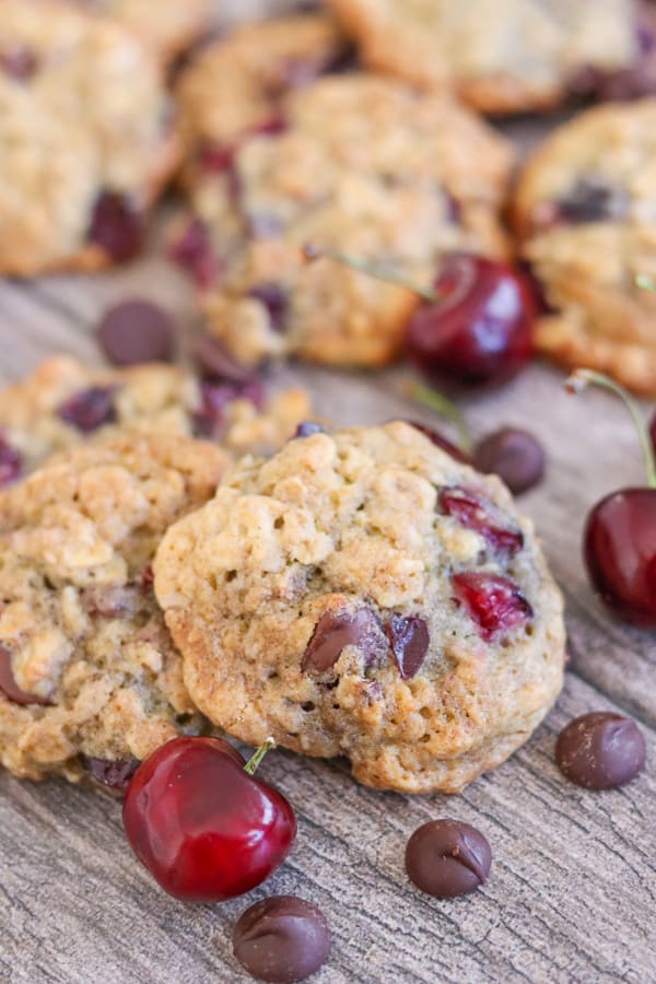 Delicious Dark Chocolate Cherry Oatmeal Cookies with chocolate and cherries.