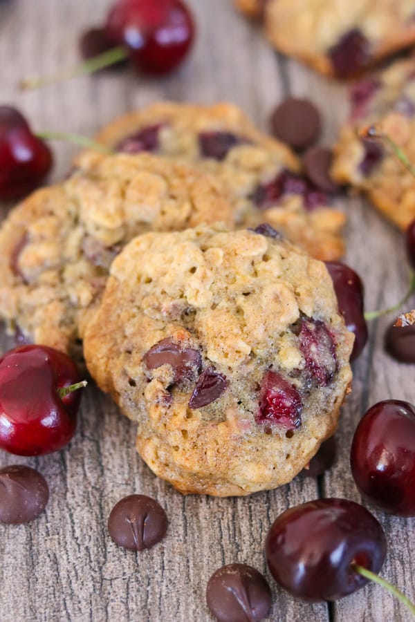 Dark Chocolate Cherry Oatmeal Cookies with dark chocolate chips and cherries.