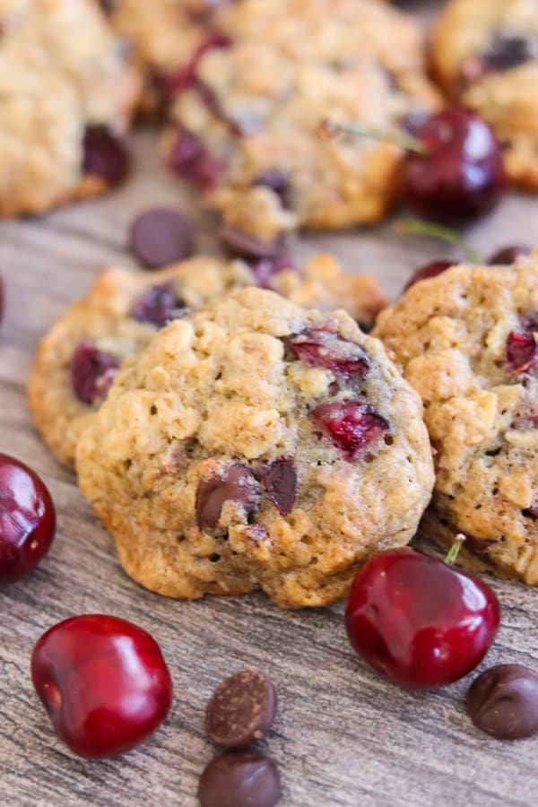 Dark Chocolate Cherry Oatmeal Cookies with fresh cherries and dark chocolate chips.