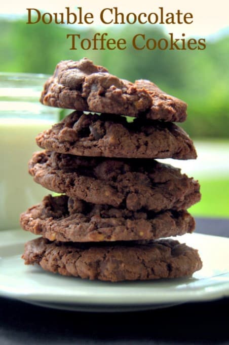 Double Chocolate Toffee Cookies - rich chocolate cookies with dark chocolate chips and crunchy bits of toffee candy.