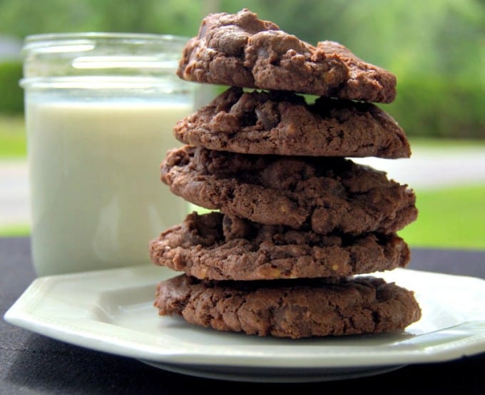  rich chocolate cookies with dark chocolate chips and crunchy bits of toffee candy.