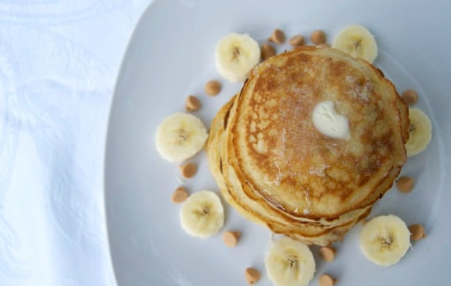 Pancakes with bananas and peanut butter chips make for an unbelievable breakfast!