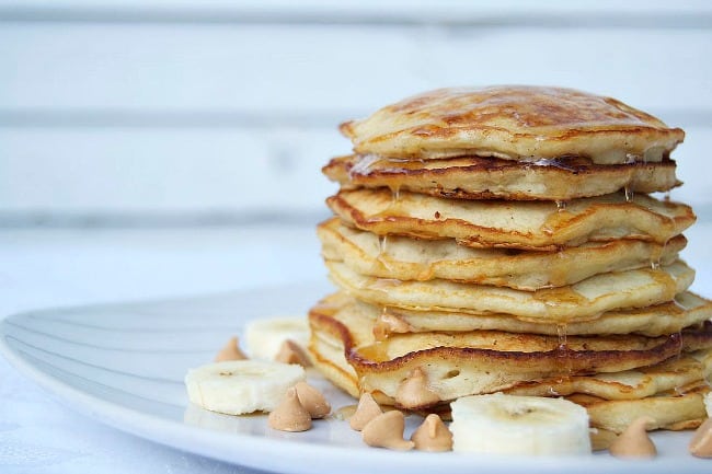 Pancakes with bananas and peanut butter chips make for an unbelievable breakfast!