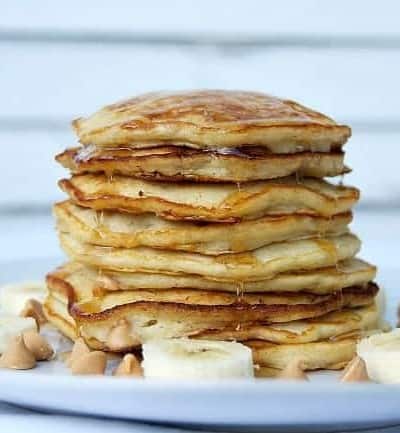 Pancakes with bananas and peanut butter chips make for an unbelievable breakfast!