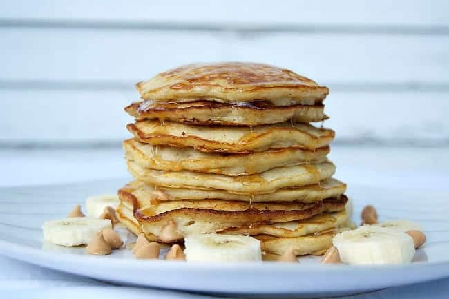 Pancakes with bananas and peanut butter chips make for an unbelievable breakfast!