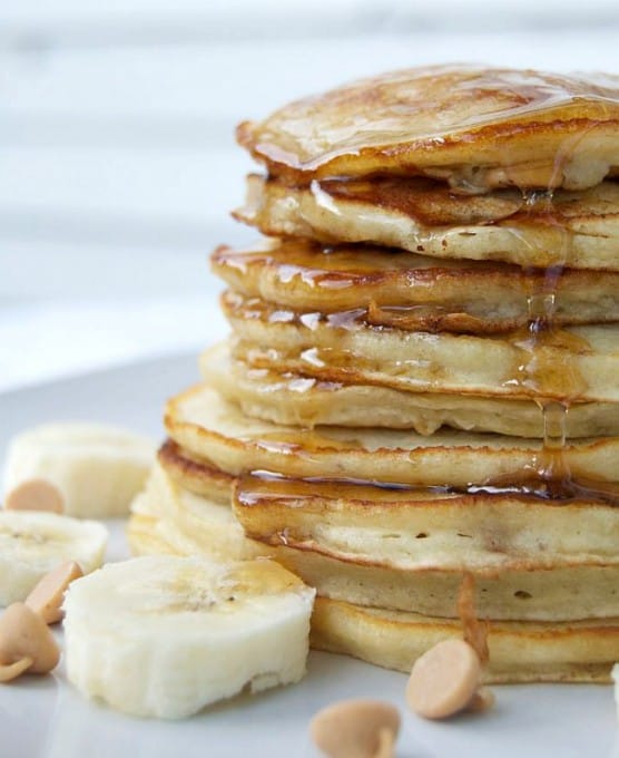 Pancakes with bananas and peanut butter chips make for an unbelievable breakfast!