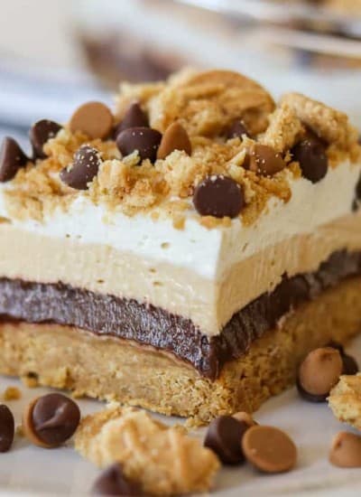 Layers of PB cookies, chocolate pudding, peanut butter cheesecake and Cool Whip.