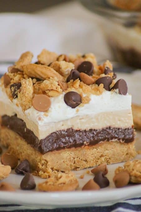 Chocolate and peanut butter make up this EASY No Bake Lasagna Lush dessert.