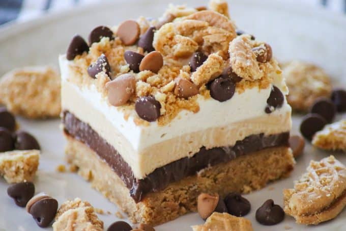 Layers of chocolate, peanut butter, cheesecake, and Peanut butter cookies.