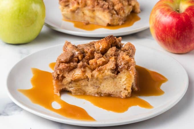 French Toast Casserole make with apples and caramel.