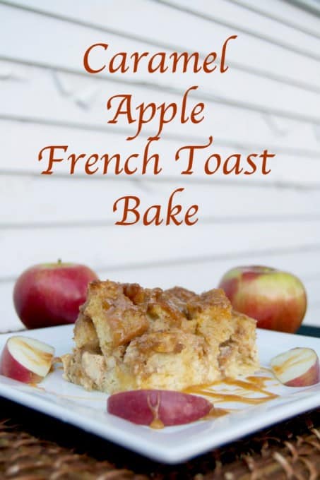 A taste of Fall with this baked French toast, apples, caramel sauce, and a cinnamon streusel topping - mornings at the table will never be the same!