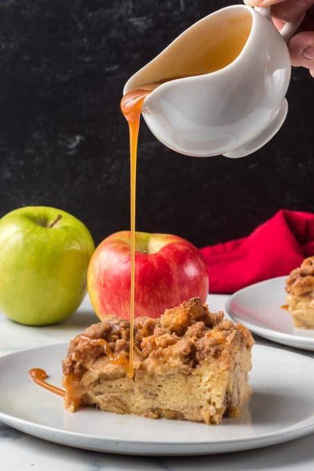 Pour more caramel onto an apple baked French toast.