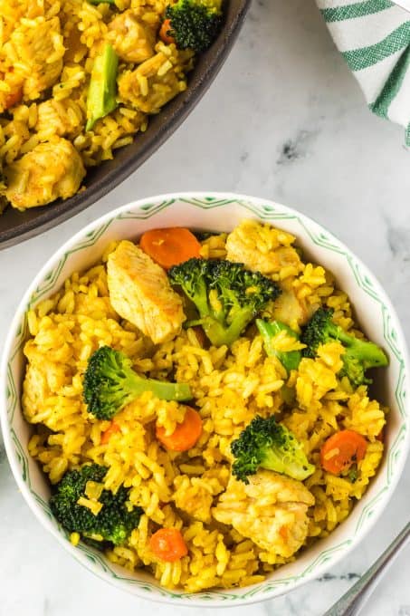 Vegetables, chicken and curried rice.