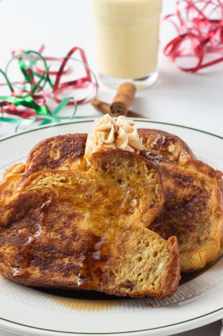 Slices of French toast made with eggnog.