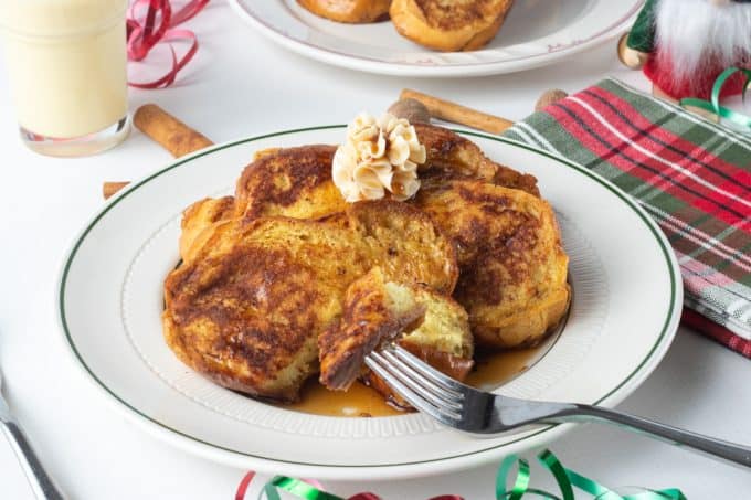 A serving of French toast cooked with eggnog.