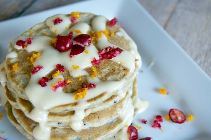 The perfect breakfast - Cranberry Pancakes with Orange Cream Cheese Frosting!