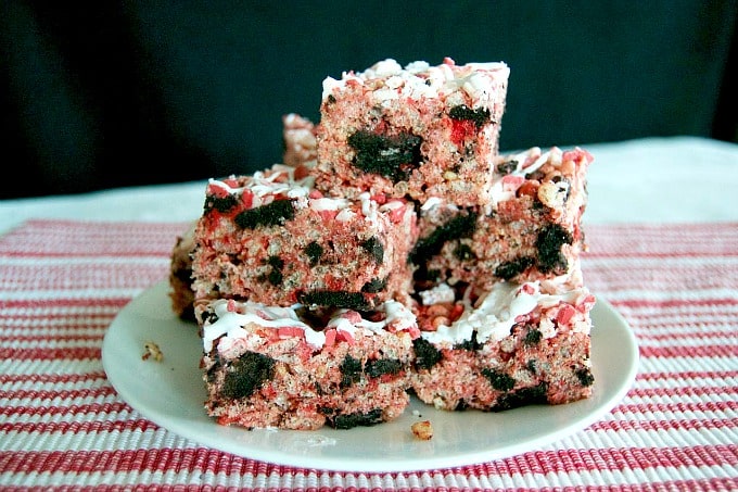 Rice Krispies Treats with Winter Oreos, peppermint, and Andes Peppermint Crunch! A tasty and colorful holiday treat!