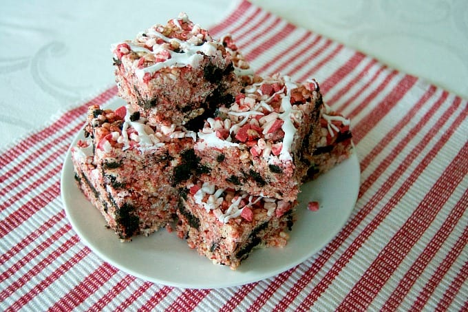 Rice Krispies Treats with Winter Oreos, peppermint, and Andes Peppermint Crunch! A tasty and colorful holiday treat!