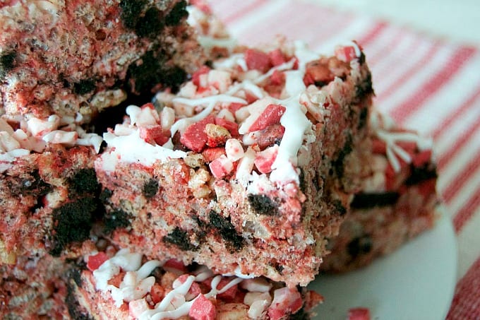 Rice Krispies Treats with Winter Oreos, peppermint, and Andes Peppermint Crunch! A tasty and colorful holiday treat!