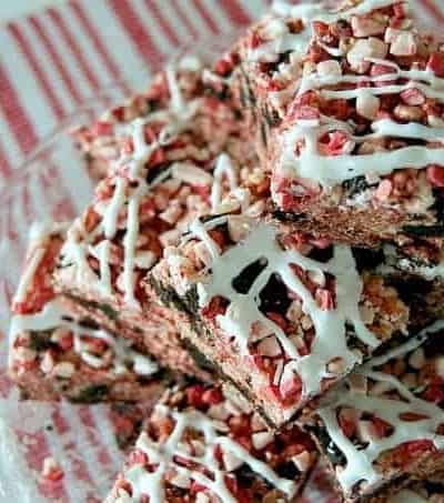 Rice Krispies Treats with Winter Oreos, peppermint, and Andes Peppermint Crunch!