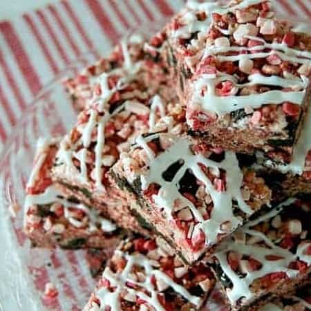 Rice Krispies Treats with Winter Oreos, peppermint, and Andes Peppermint Crunch!