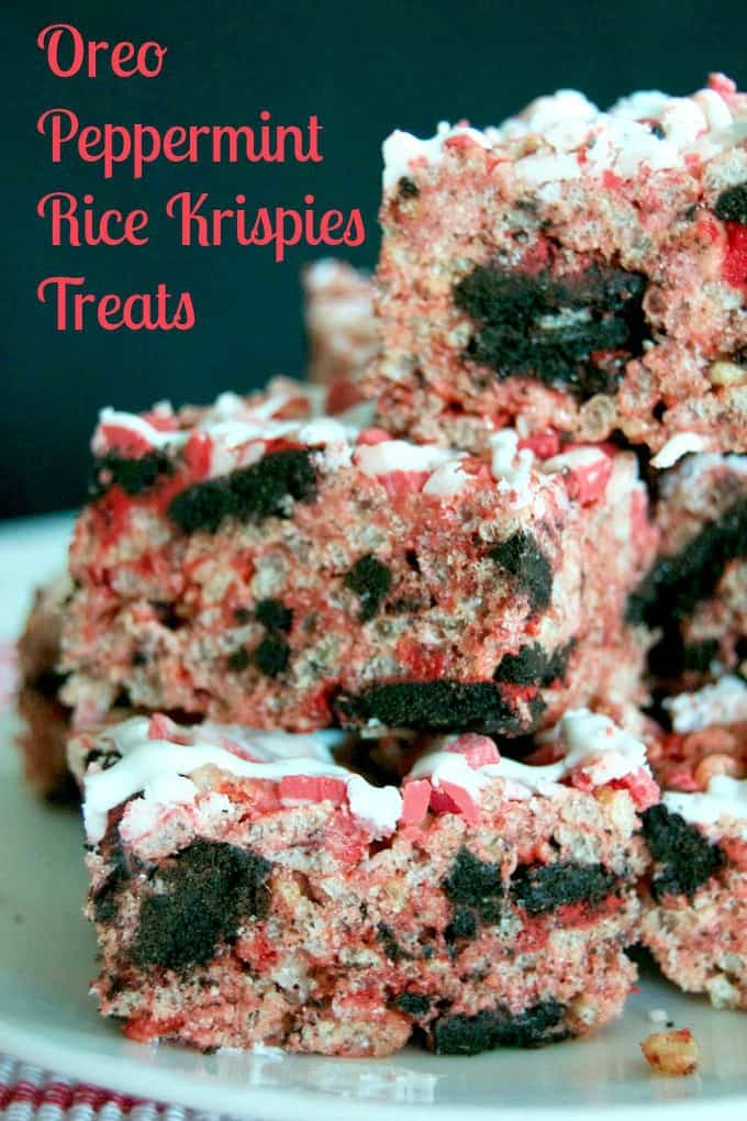 Rice Krispies Treats with Winter Oreos, peppermint, and Andes Peppermint Crunch! A tasty and colorful holiday treat!