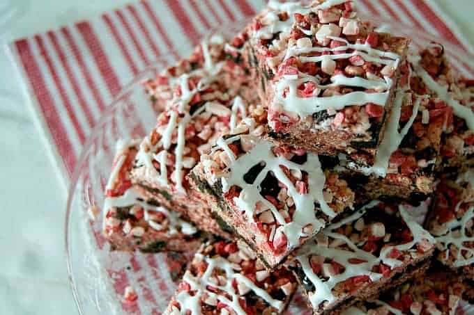 Rice Krispies Treats with Winter Oreos, peppermint, and Andes Peppermint Crunch!