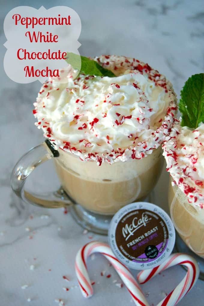 Peppermint, white chocolate hot cocoa and coffee make up this delicious holiday drink you can make at home!