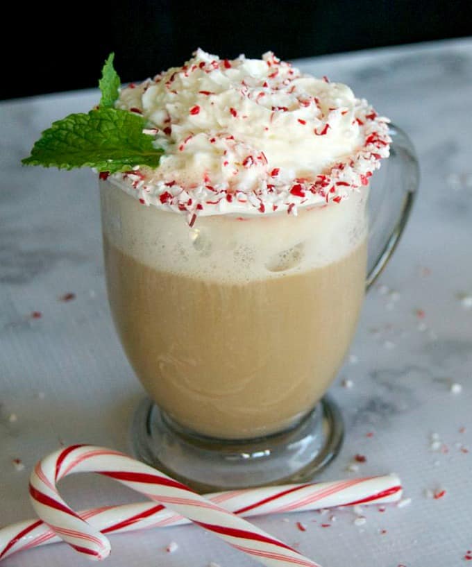 Peppermint, white chocolate hot cocoa and coffee make up this delicious holiday drink you can make at home!