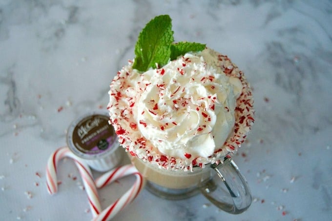 Peppermint, white chocolate hot cocoa and coffee make up this delicious holiday drink you can make at home!