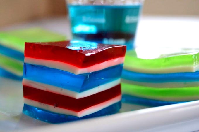 Game Day Jelly Shots - cubes of flavored gelatin in your favorite team colors spiked with flavored vodka for extra fun!