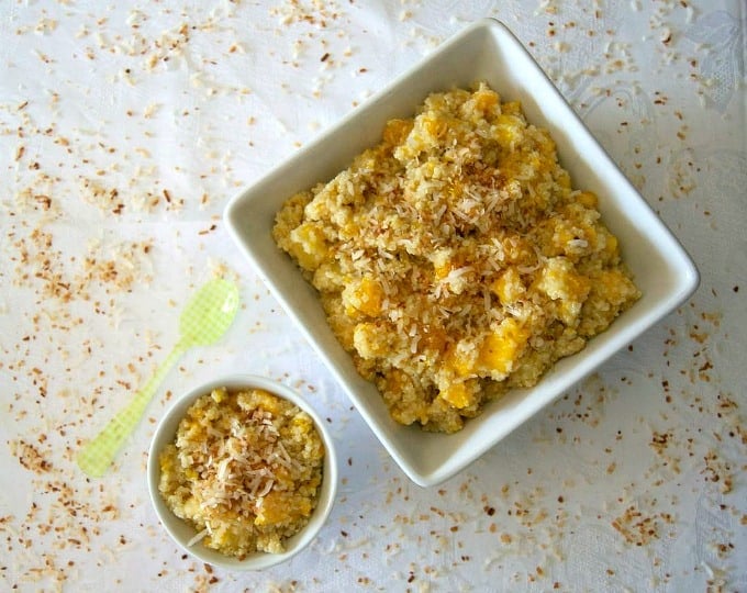 This salad of pineapple, mango and Mandarin oranges mixed with quinoa cooked in coconut milk is sure to remind you of a beach and warmer weather!